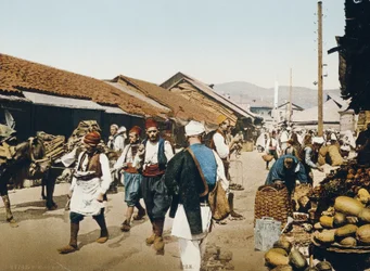 De oude markt, Sarajevo tijdens het Oostenrijks-Hongaarse rijk, ca. 1900-10